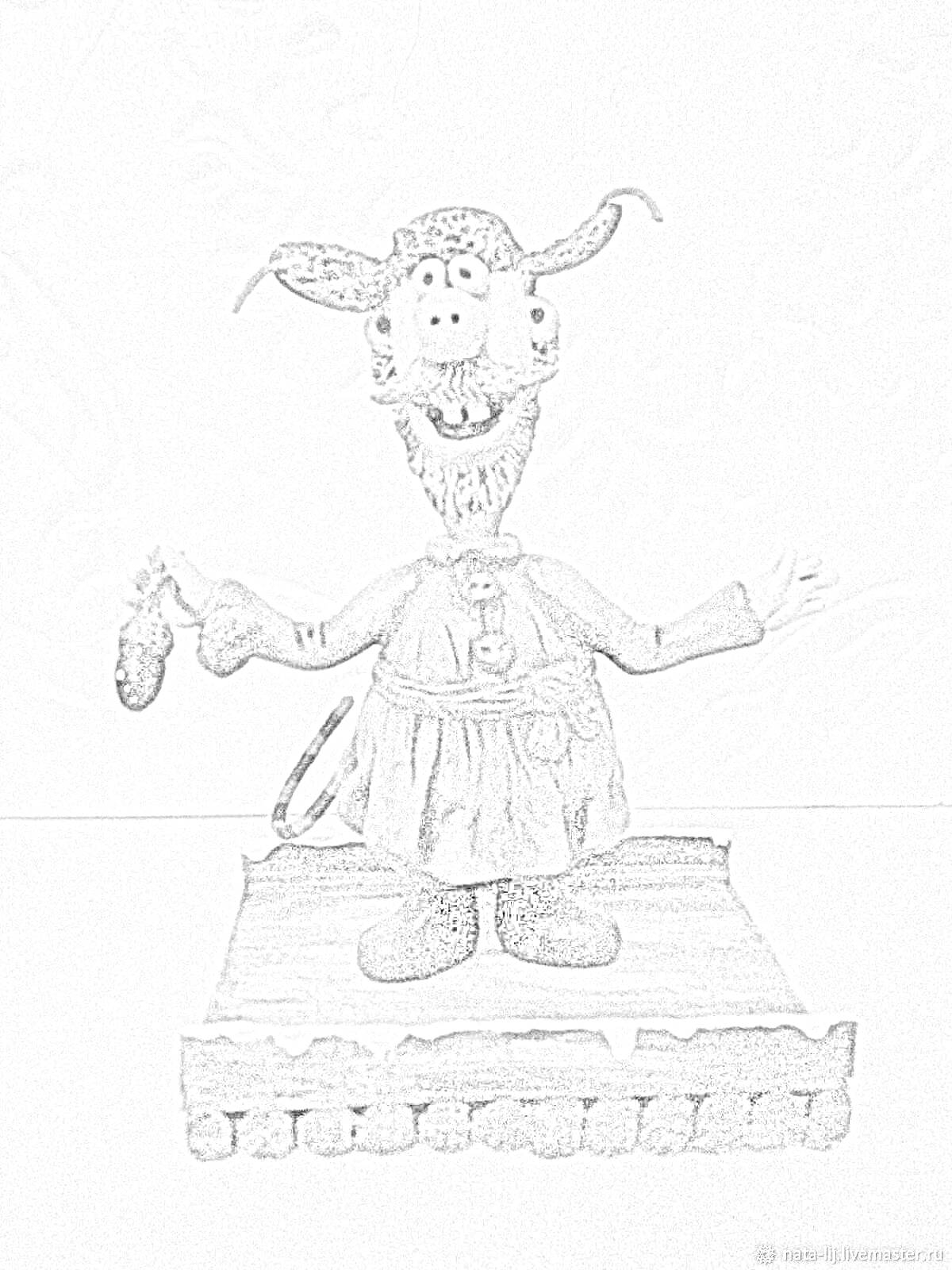 Раскраска Человек с растянутыми руками и поднятой правой рукой в меховой шапке, с бородой, в меховом кафтане на деревянной платформе