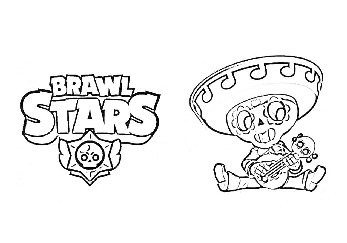 Черно-белая раскраска с логотипом Brawl Stars и персонажем, играющим на гитаре в сомбреро