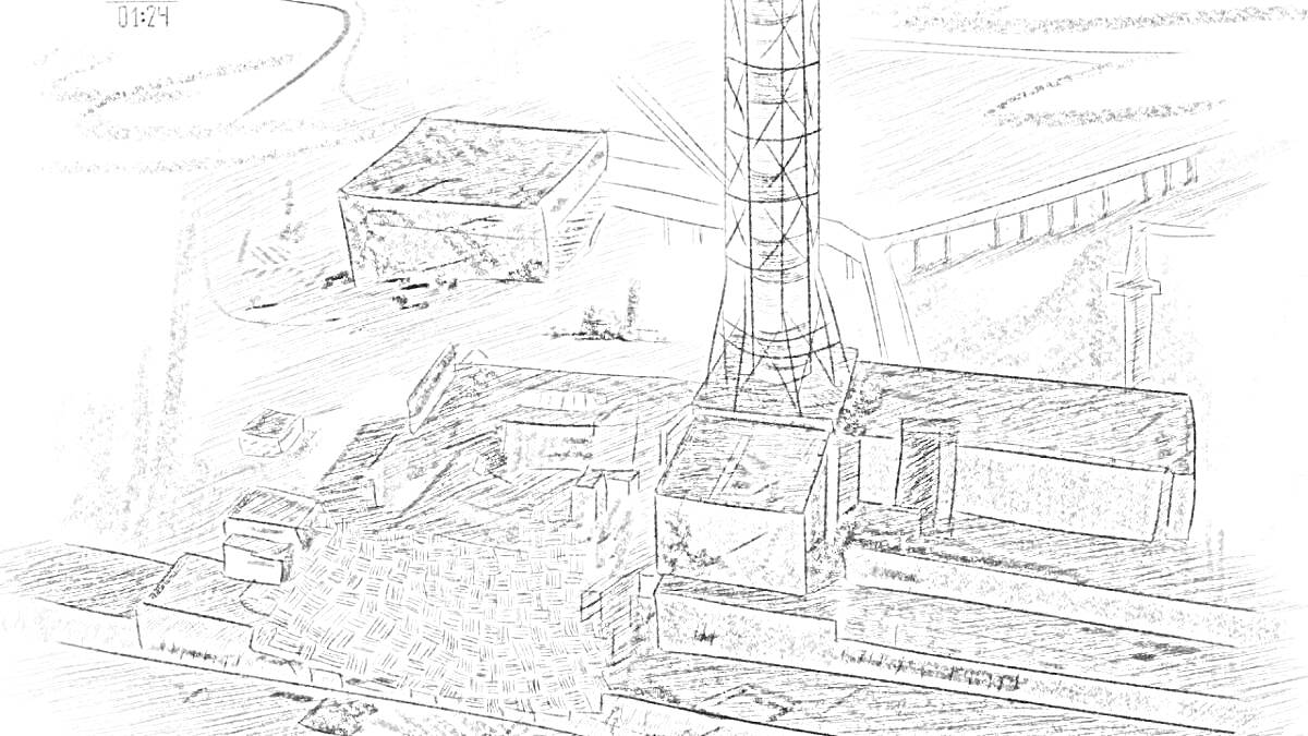 На раскраске изображено: Чернобыль, Авария, Реактор, Загрязнение, Радиация, АЭС, Башни, Разрушения