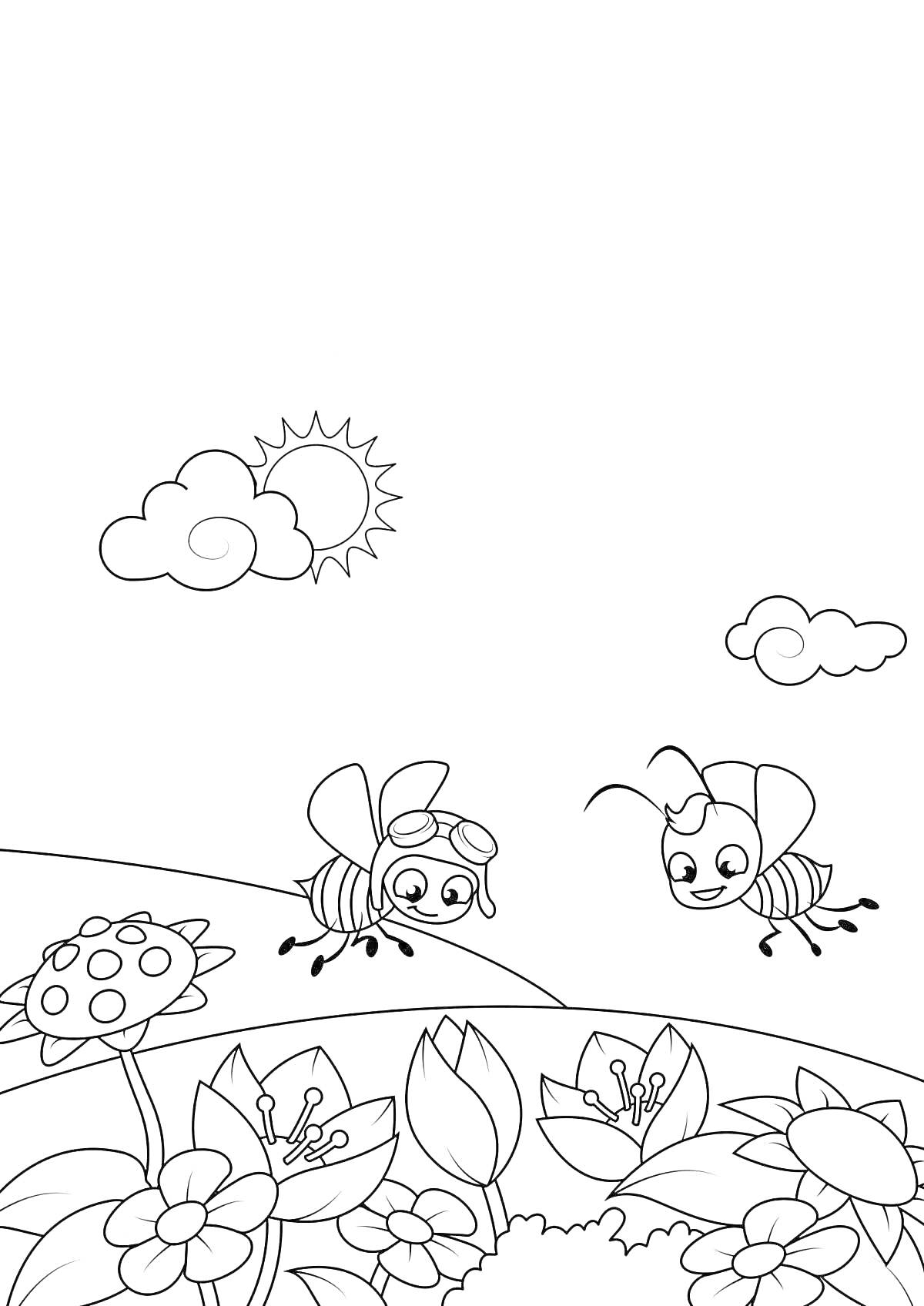 На раскраске изображено: Пчёлы, Цветы, Растения, Облака, Солнце, Кусты, Поляна