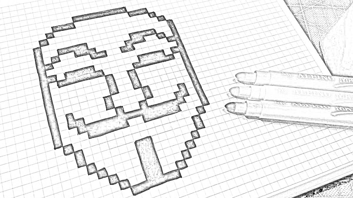На раскраске изображено: По клеточкам, Маска, Гай Фокс, Тетрадь, Черное, Черчение, Пиксельное искусство, Майнкрафт