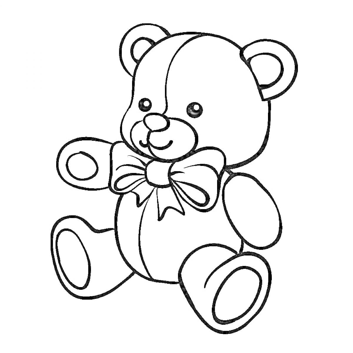 На раскраске изображено: Для малышей, Бант, Игрушки, Контурные рисунки, Медведь, Плюшевый медведь, Сидеть