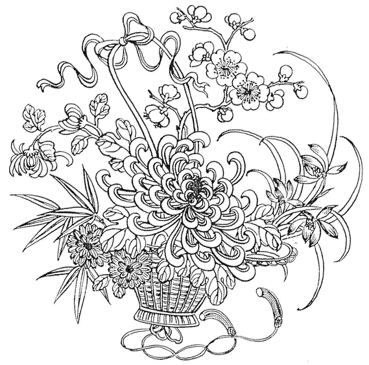 Раскраска Букет с хризантемами, орхидеями, лентами и листьями в плетеной корзине