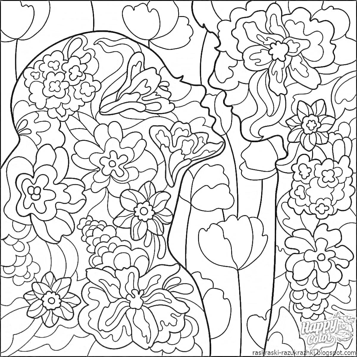 Раскраска Силуэт человека, окружённого цветами