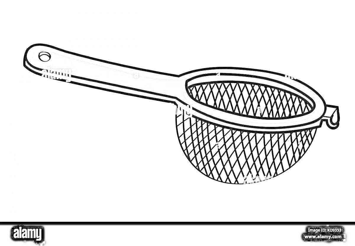 На раскраске изображено: Сито, Кухонный инструмент, Сетка, Ручка