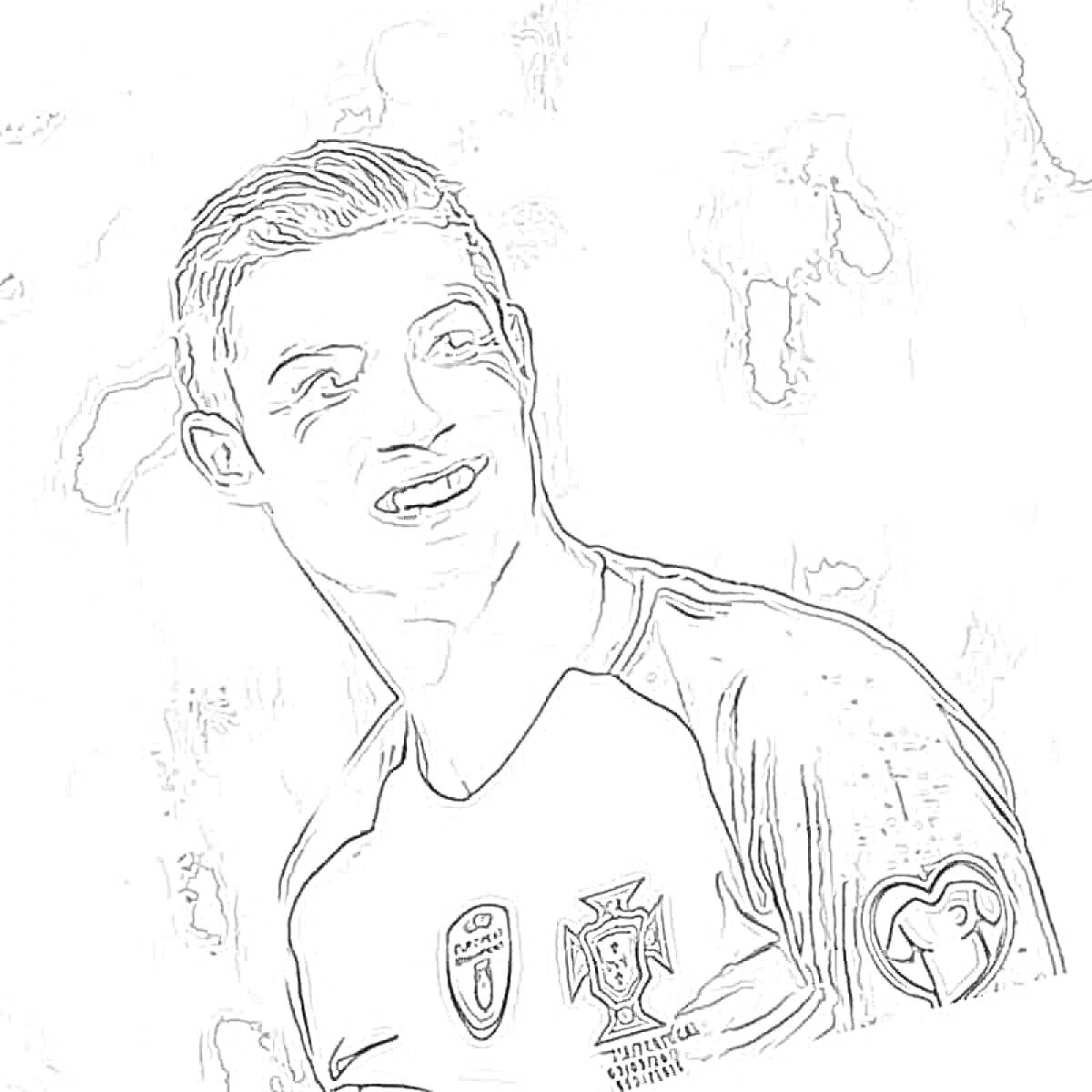 Раскраска Портрет улыбающегося футболиста в футбольной форме с эмблемами