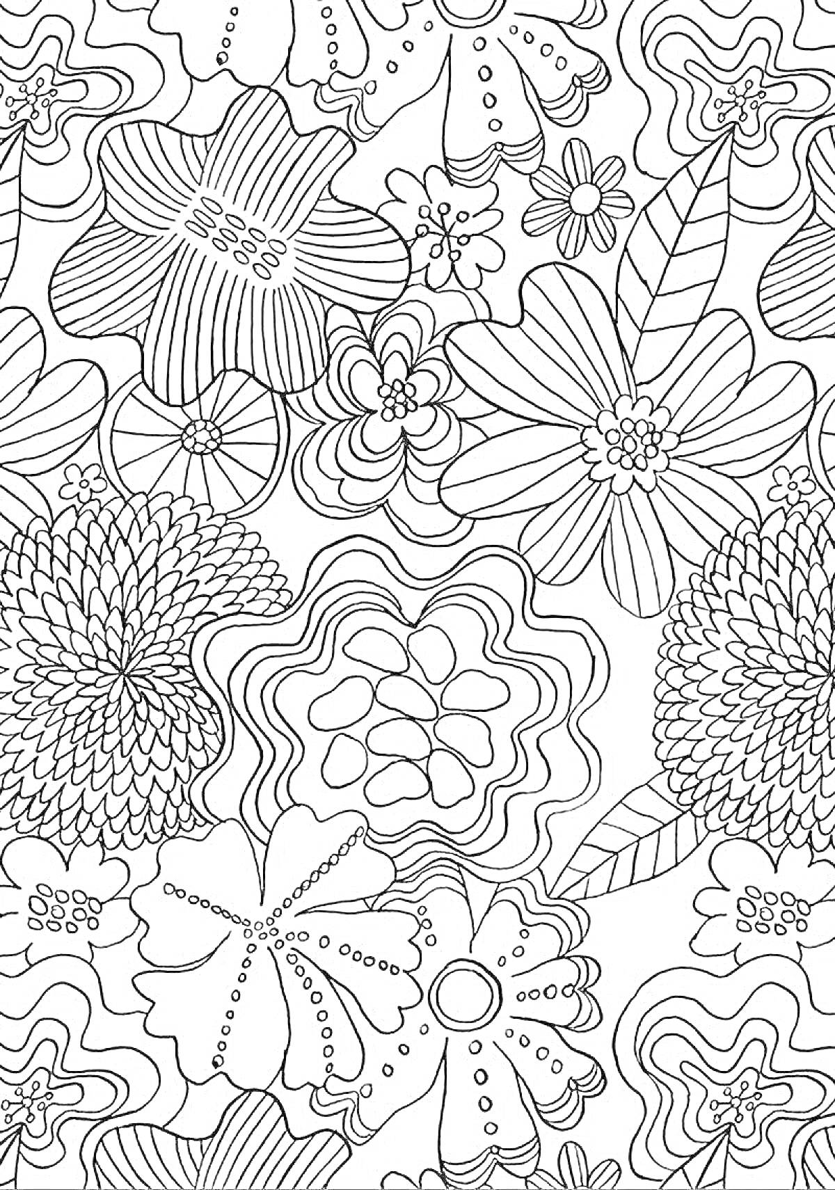 На раскраске изображено: Антистресс, Цветы, Листья, Узоры