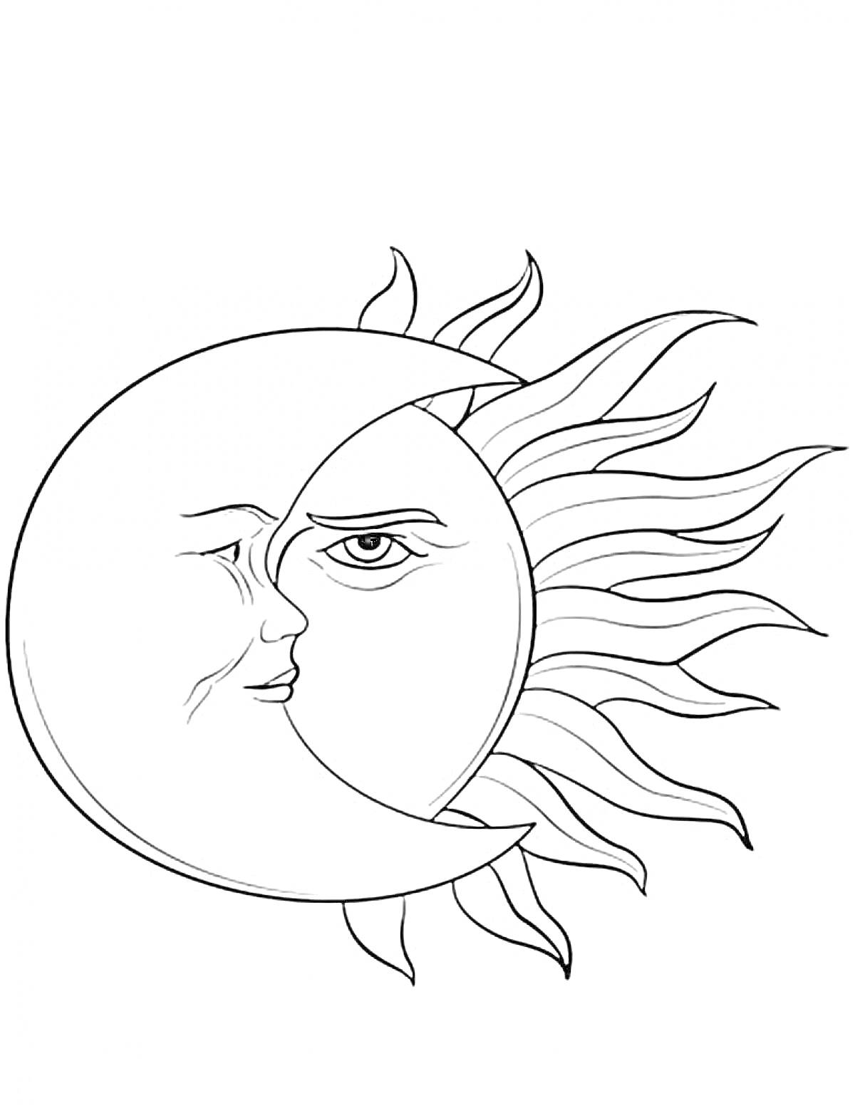 На раскраске изображено: Месяц, Солнце, Полумесяц, Солнечные лучи, Космос, Астрономия, Лицо