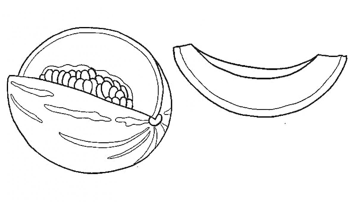 Раскраска Половина дыни с семечками и ломтик дыни