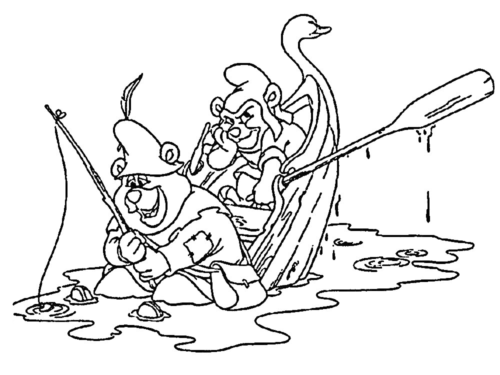 Раскраска Мишки Гамми на рыбалке - один медвежонок ловит рыбу, второй медвежонок гребет лодкой