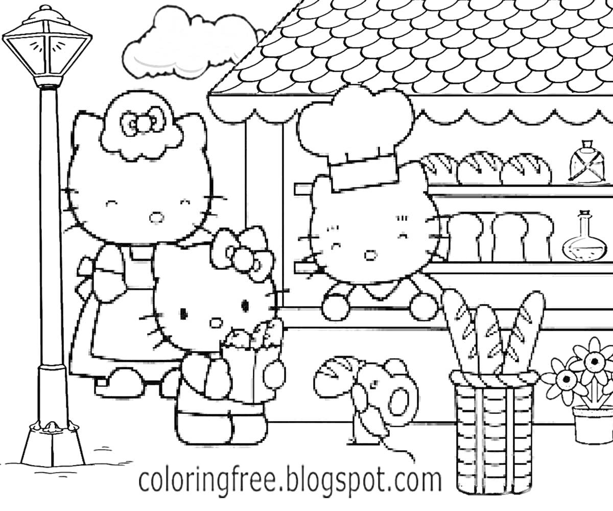 На раскраске изображено: Магазин, Цветы, Чердак, Корзина, Облака, Мышь, Хелло Китти