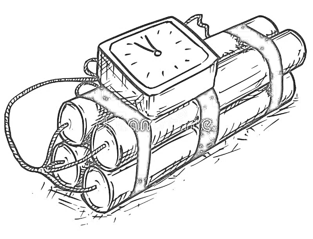 Раскраска Взрывное устройство с четырьмя динамитными шашками и таймером