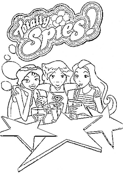 На раскраске изображено: Три персонажа, Стол, Звезды, Из мультфильмов, Дружба, Напиток, Девочка, Логотипы