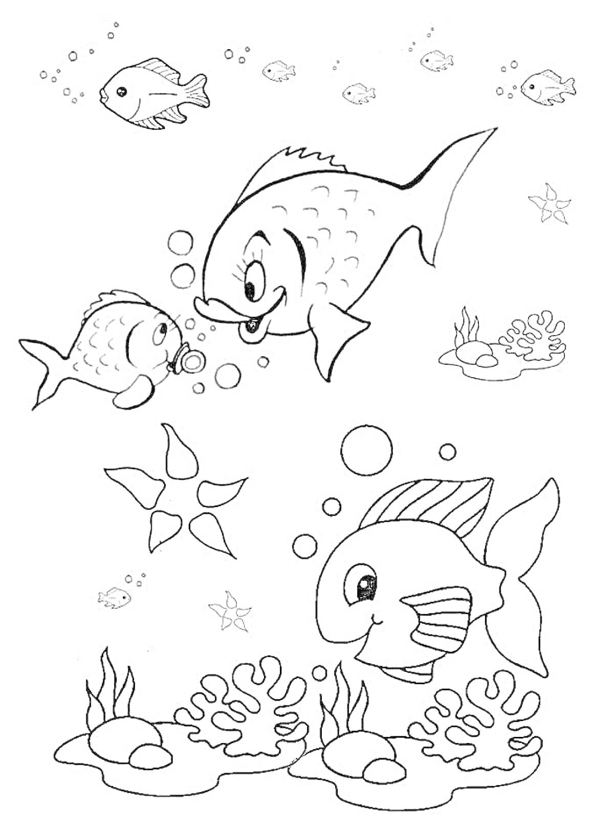 На раскраске изображено: Подводный мир, Кораллы, Морские звезды, Для детей, 5-6 лет