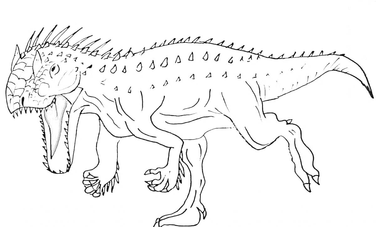 На раскраске изображено: Динозавр, Скорпиус рекс, Шипы, Пасть, Лапы, Хвост