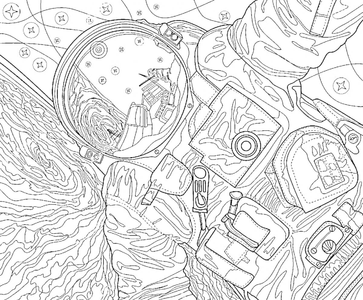 На раскраске изображено: Астронавт, Космос, Звезды, Планеты, Космический костюм, Пространство, Галактика