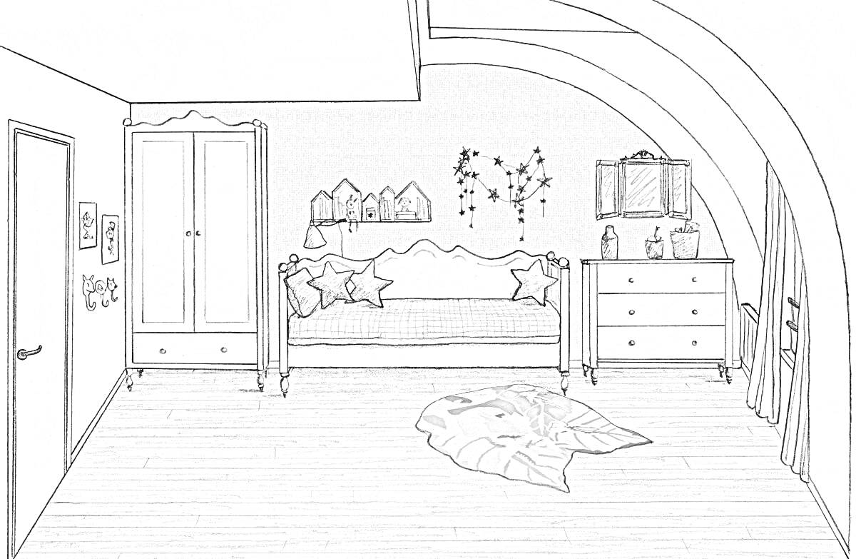 Раскраска Спальная комната с кроватью, книжной полкой, звездной гирляндой, комодом и ковром