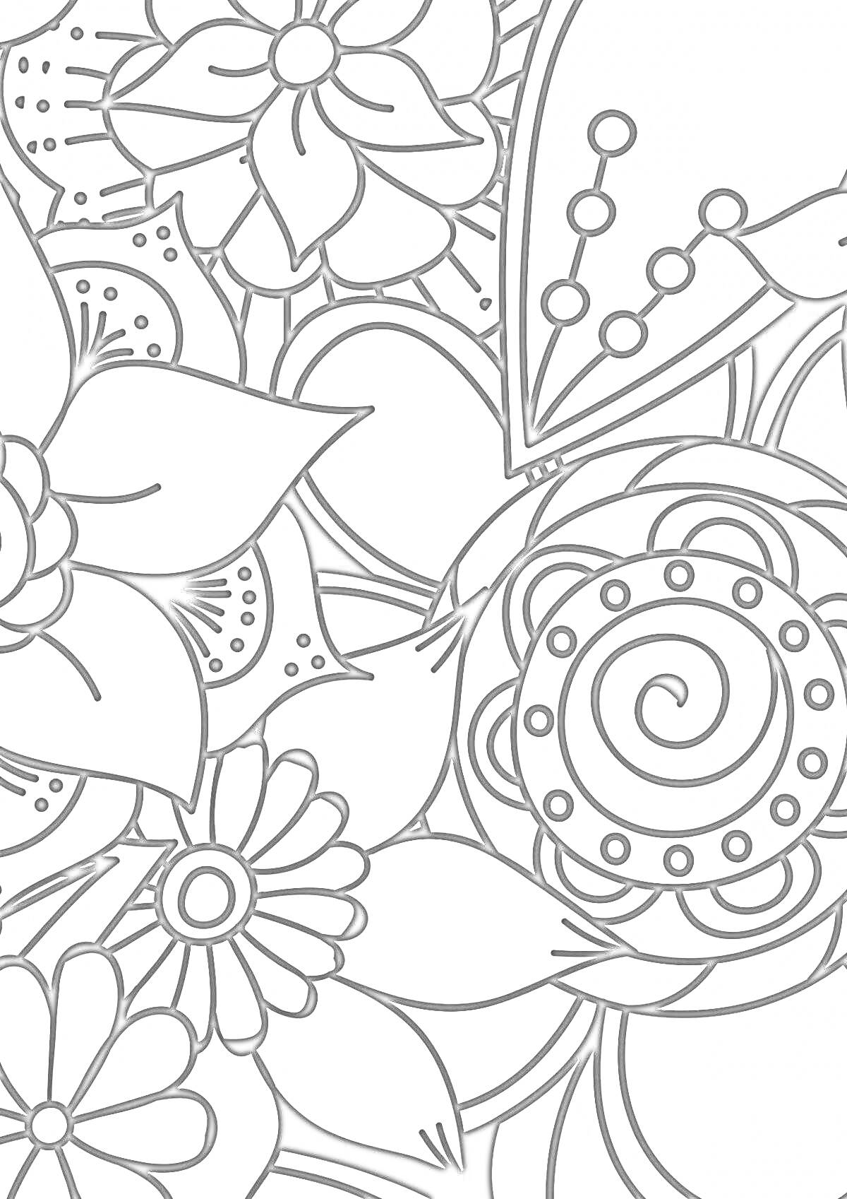 На раскраске изображено: Цветы, Листья, Узоры, Ботаника, Абстракция, Спираль, Роспись