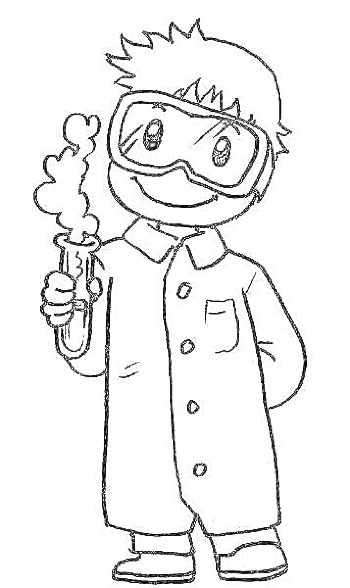 Раскраска Ученый в халате с очками и колбой