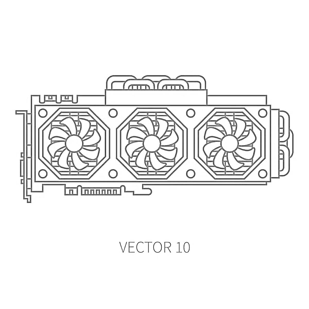 Видеокарта с тремя вентиляторами, радиатор, разъёмы
