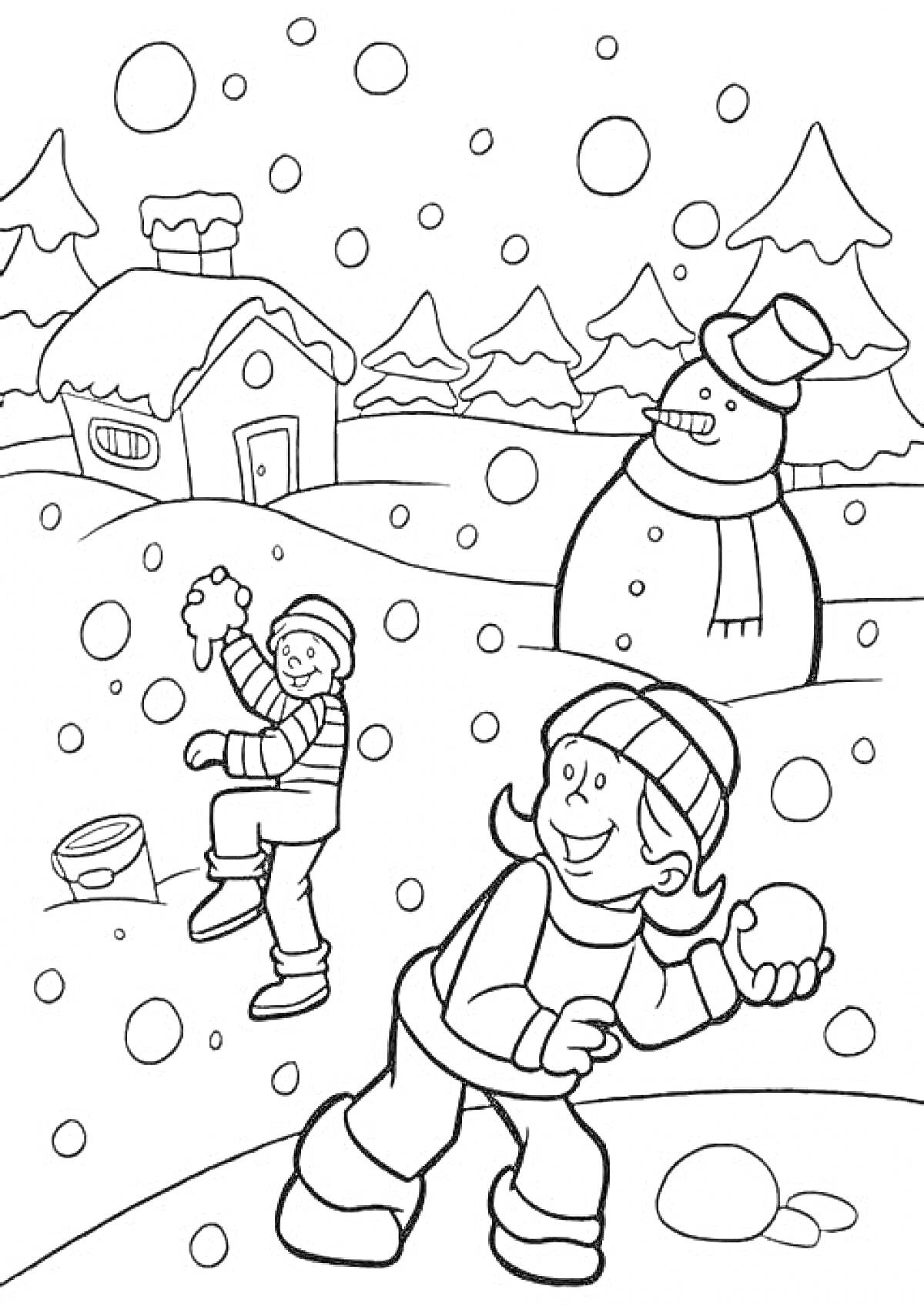 Дети играют в снежки на фоне зимнего пейзажа с домиком и снеговиком