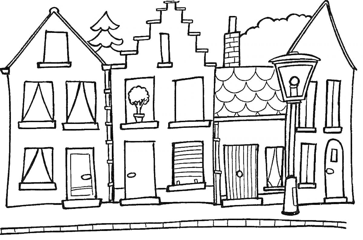 Раскраска Рисунок улицы с тремя домами, забором, деревом, фонарным столбом и крышей с трубой
