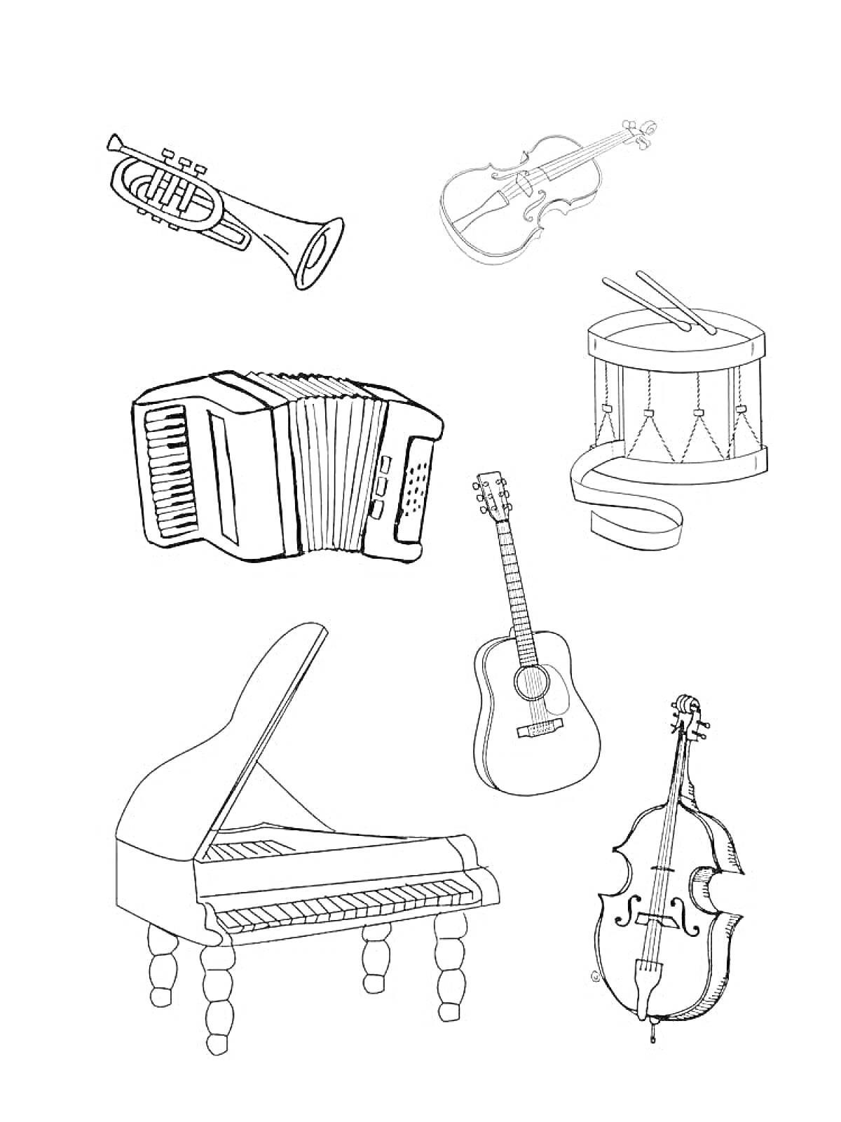 На раскраске изображено: Музыкальные инструменты, Труба, Скрипка, Аккордеон, Барабан, Гитара, Рояль, Контрабас, Музыка