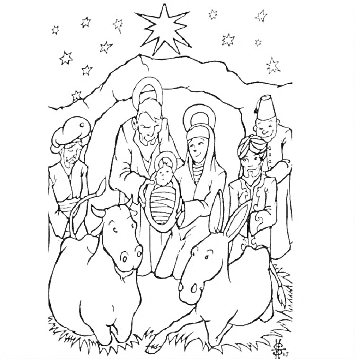 На раскраске изображено: Вифлеемская звезда, Рождественская сцена, Вертеп, Младенец Иисус, Мария, Иосиф, Звезды, Осел