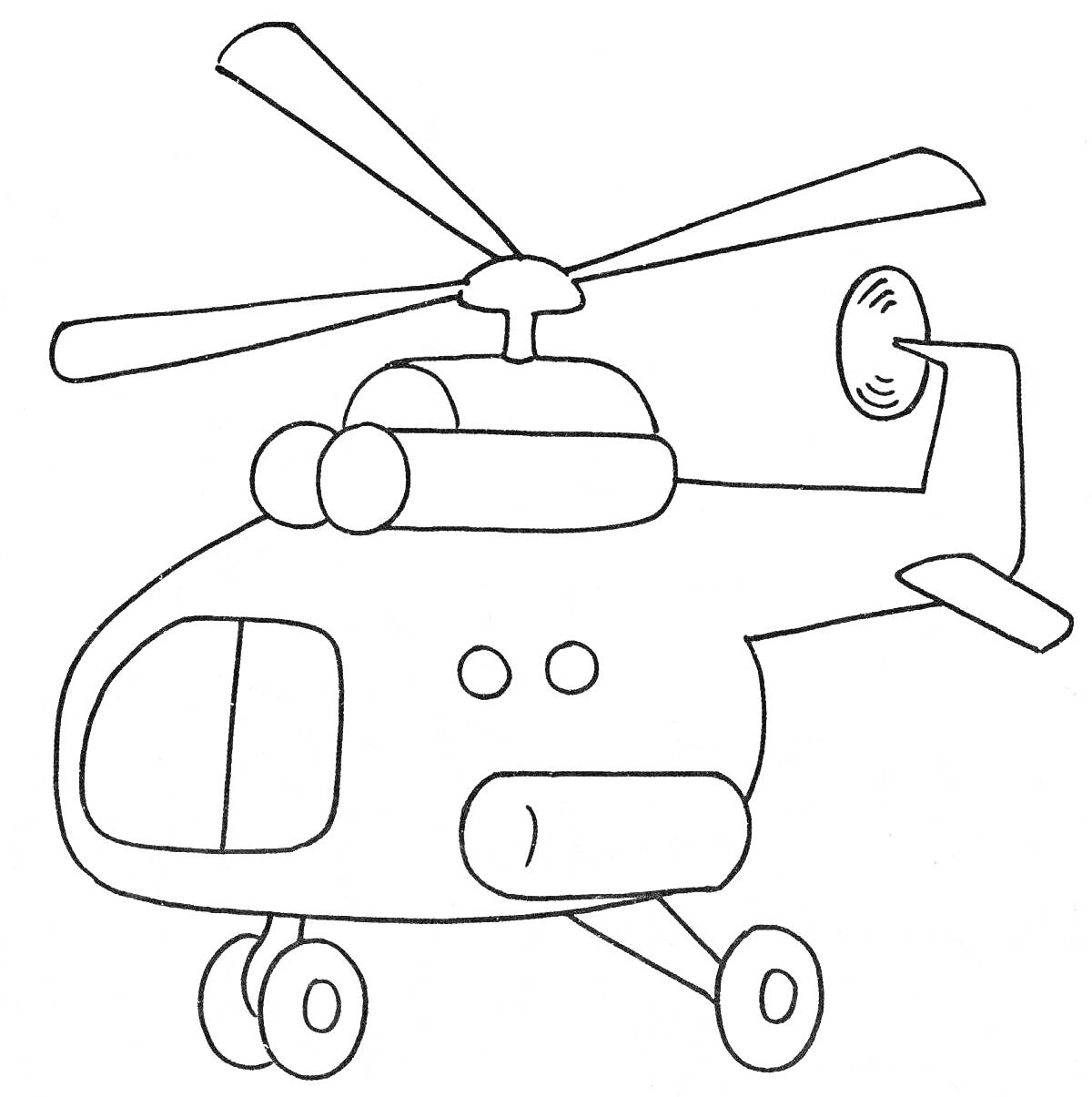 На раскраске изображено: Вертолет, 3-4 года, Окна, Колеса, Для детей