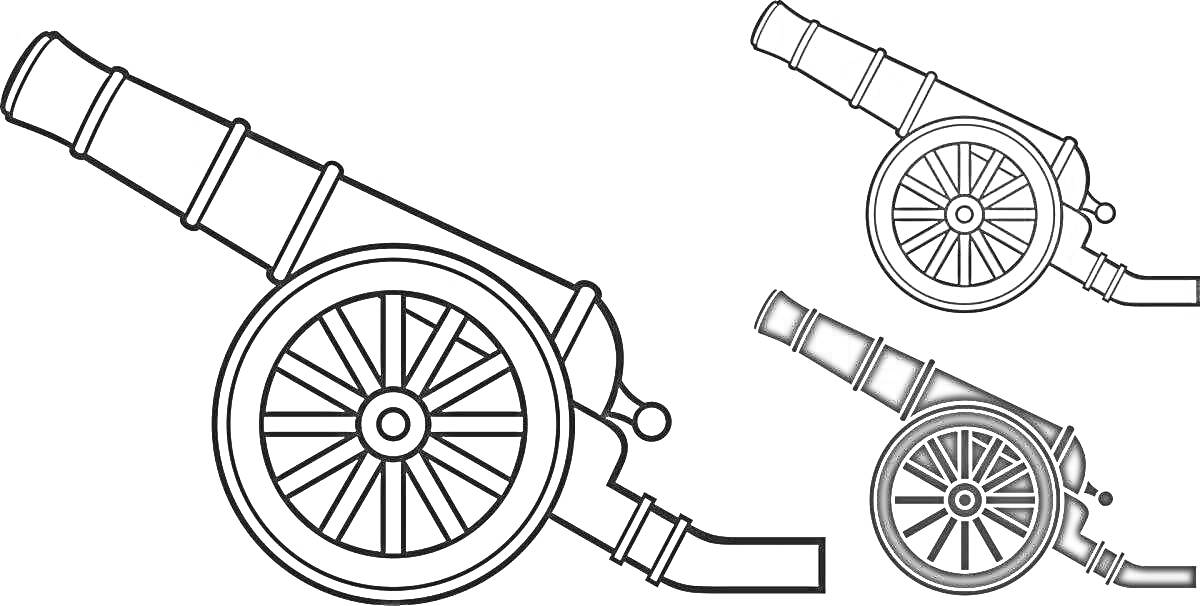Раскраска Царь-пушка на колесах в трех вариантах: черно-белая раскраска, серый вариант и черный вариант.