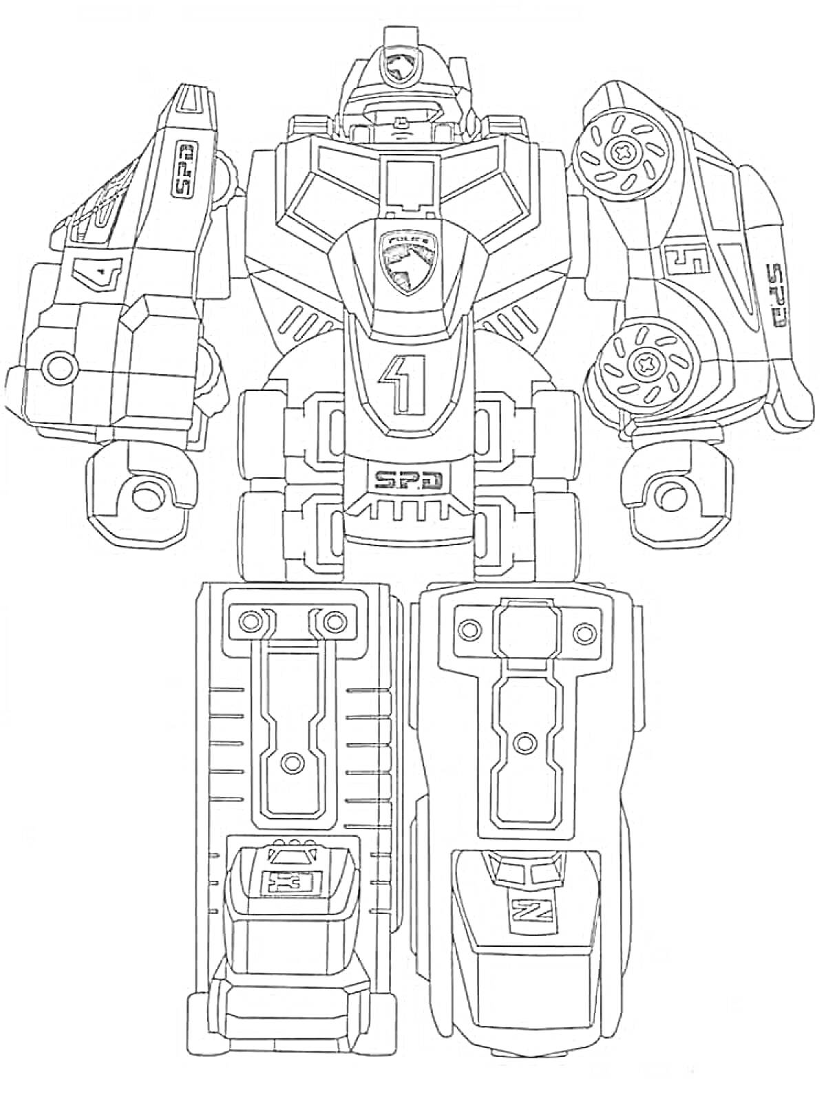 Раскраска Тобот в форме робота с элементами трансформации: колеса, броня, логотип, цифра 