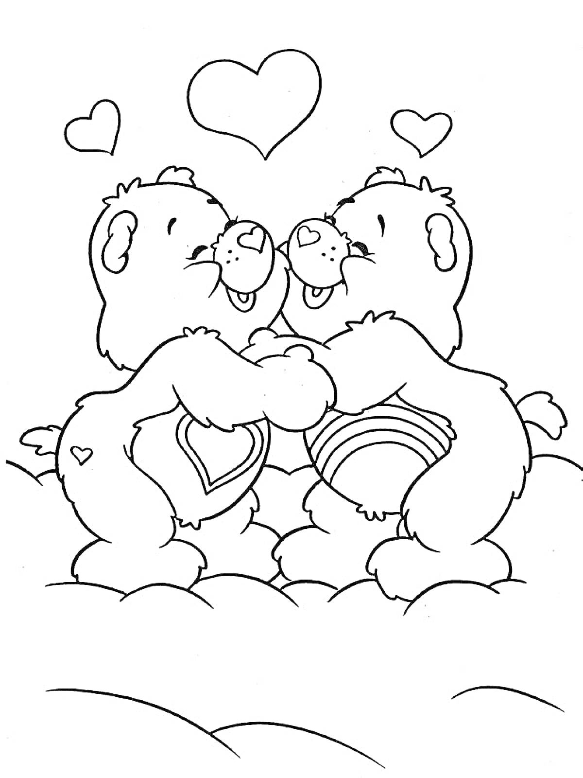Раскраска Два обнимающихся медвежонка с сердцами на облаках