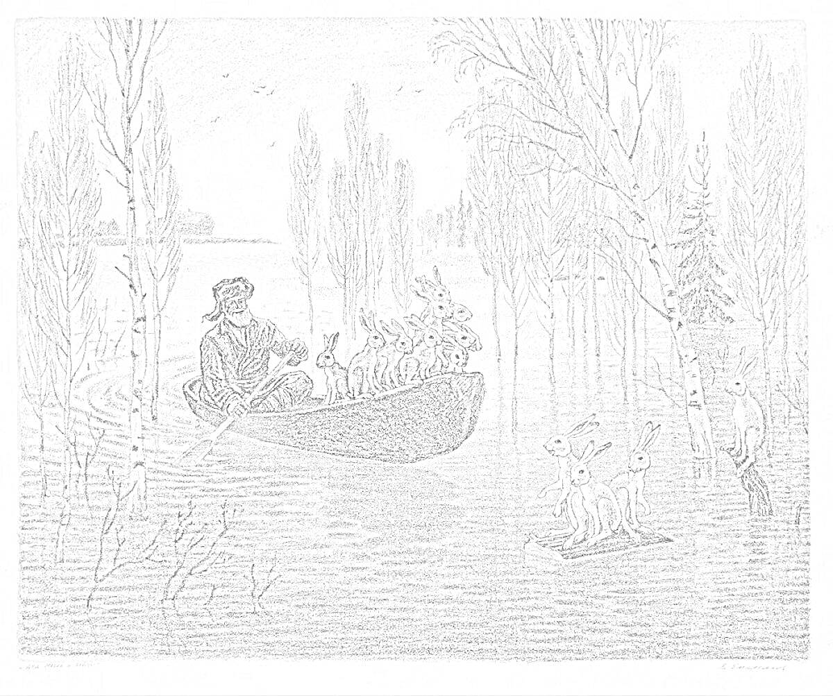 Раскраска Дед Мазай в лодке спасает зайцев на реке во время паводка