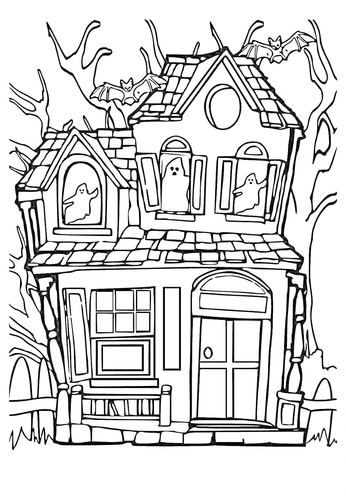 На раскраске изображено: Дом, Привидения, Ночь, Дверь, Крыша, Хэллоуин
