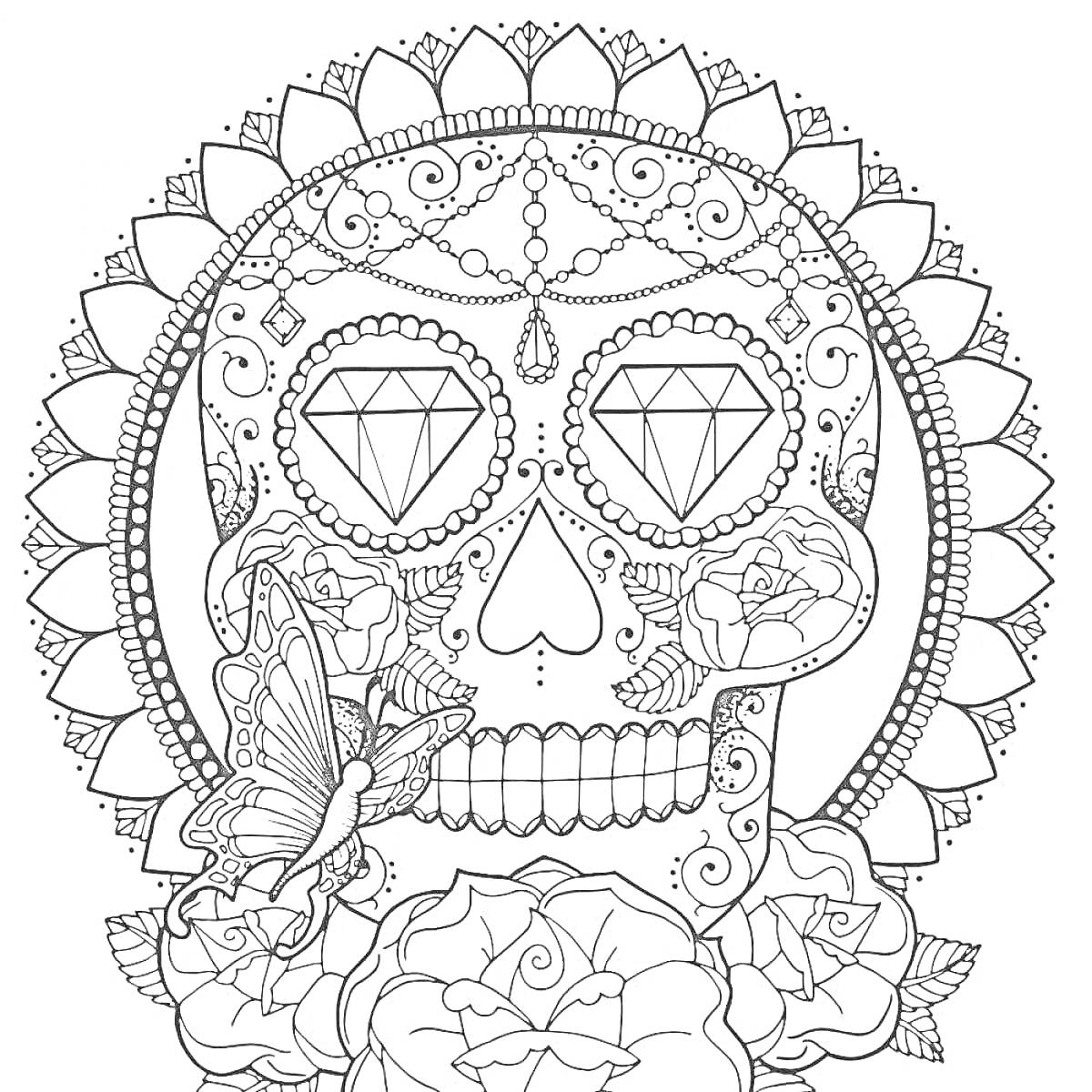 Раскраска череп с бриллиантами глазами, цветами, бабочкой и орнаментом
