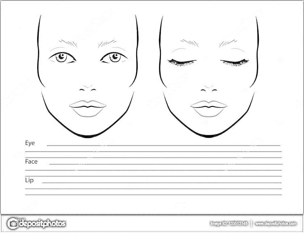 Раскраска Эскиз лица для макияжа с двумя вариантами глаз (открытые и закрытые глаза), пустыми строками для заполнения (глаз, лица, губы)