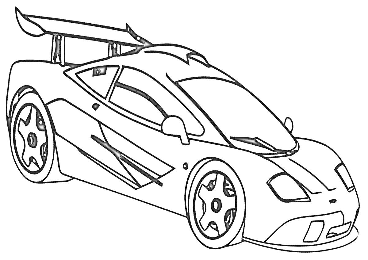 Раскраска Спортивный автомобиль с антикрылом, со спойлером, двумя зеркалами, водительскими сиденьями и большими колесами.