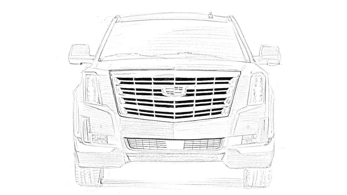 Раскраска Рисунок-раскраска передней части автомобиля Cadillac Escalade, вид спереди, с четко прорисованными деталями решетки радиатора, фар и бамперов.