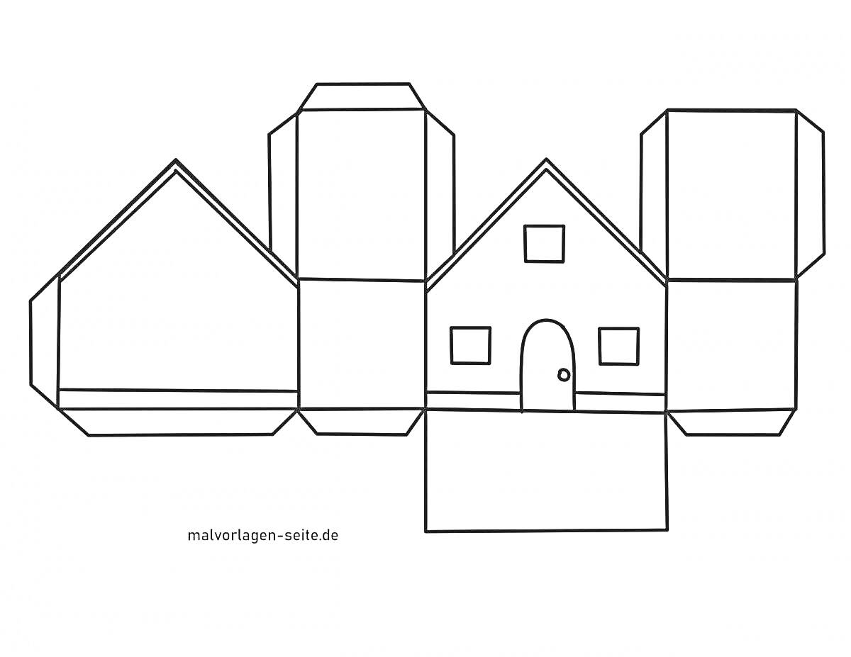 Раскраска Бумажный дом с треугольной крышей, входной дверью и двумя окнами
