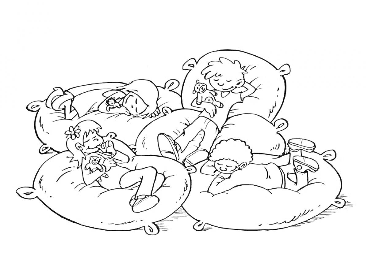 Раскраска дети спят на подушках