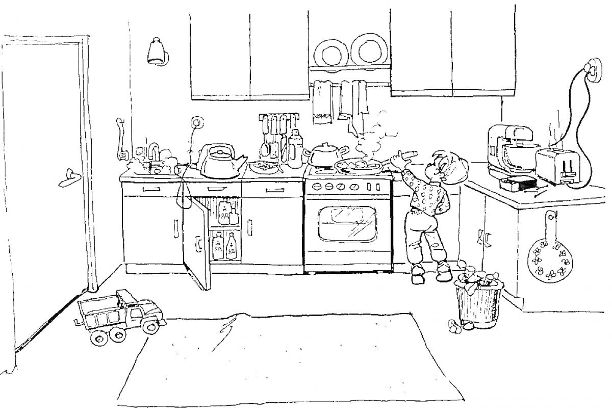Раскраска Кухня с игрушкой, кухонными шкафами, раковиной, полками с посудой, плитой с готовкой, ребёнком, мусорным ведром и роботом-пылесосом