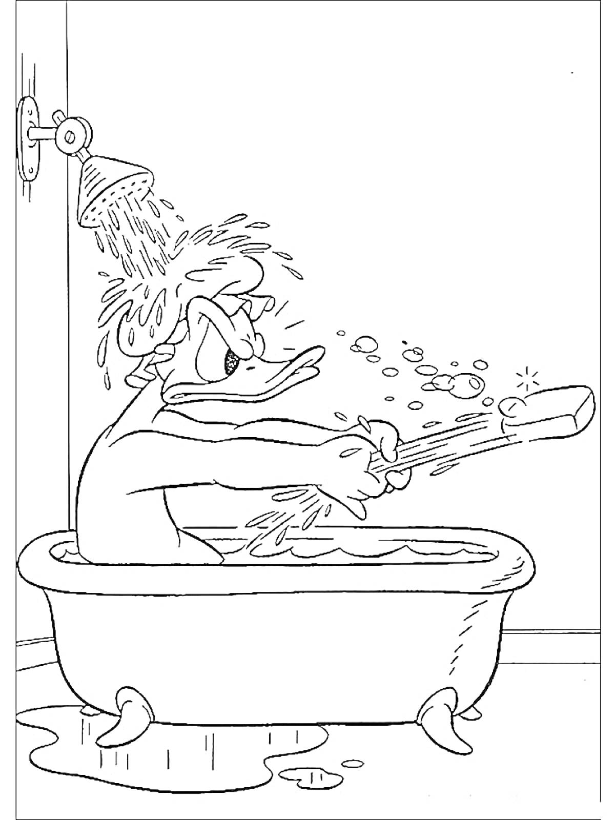 Раскраска Утка в ванной, принимающая душ и чистящая зубы