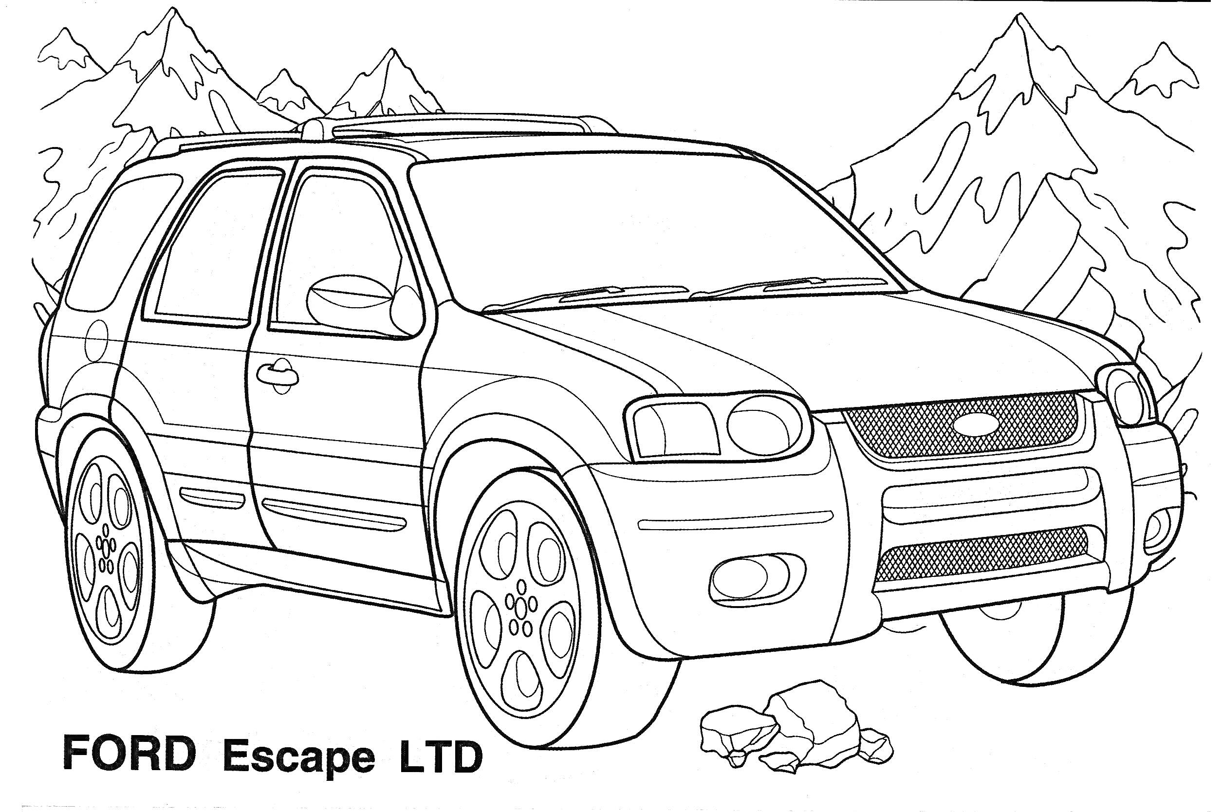 Раскраска Джип Ford Escape LTD на фоне гор