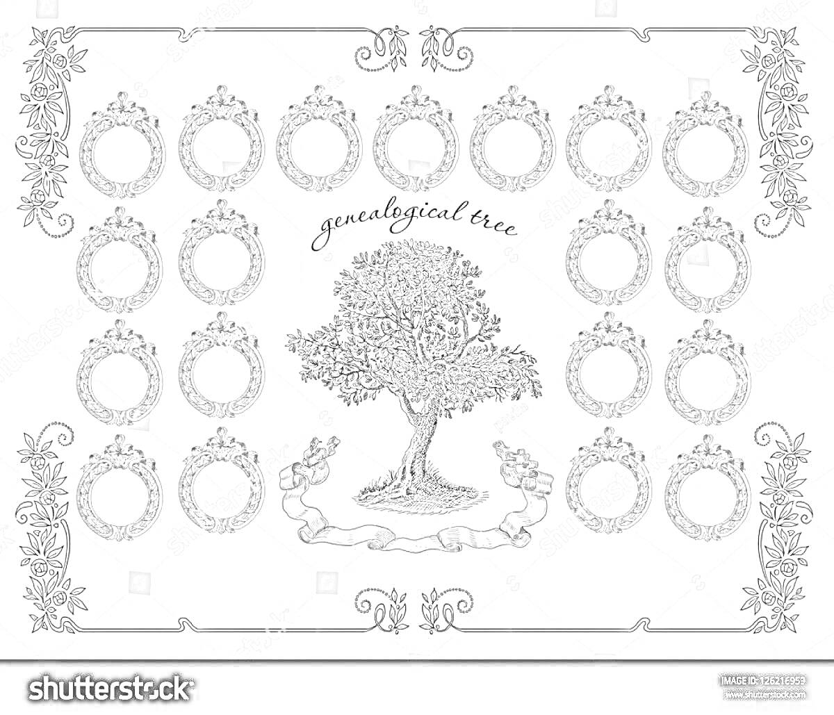 Раскраска Генеалогическое древо семьи с центральным изображением дерева и пустыми круглыми рамками для фотографий, украшенное декоративными элементами по углам и сторонам.