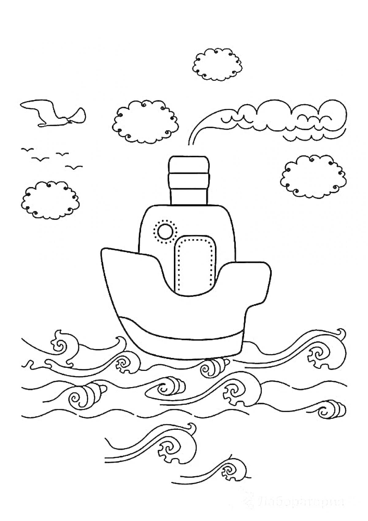 На раскраске изображено: Пароход, Волны, Облака, Пар, Море, Судно, Природа, Корабль