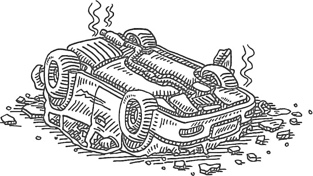 Раскраска Перевернутый разбитый автомобиль с паром и обломками