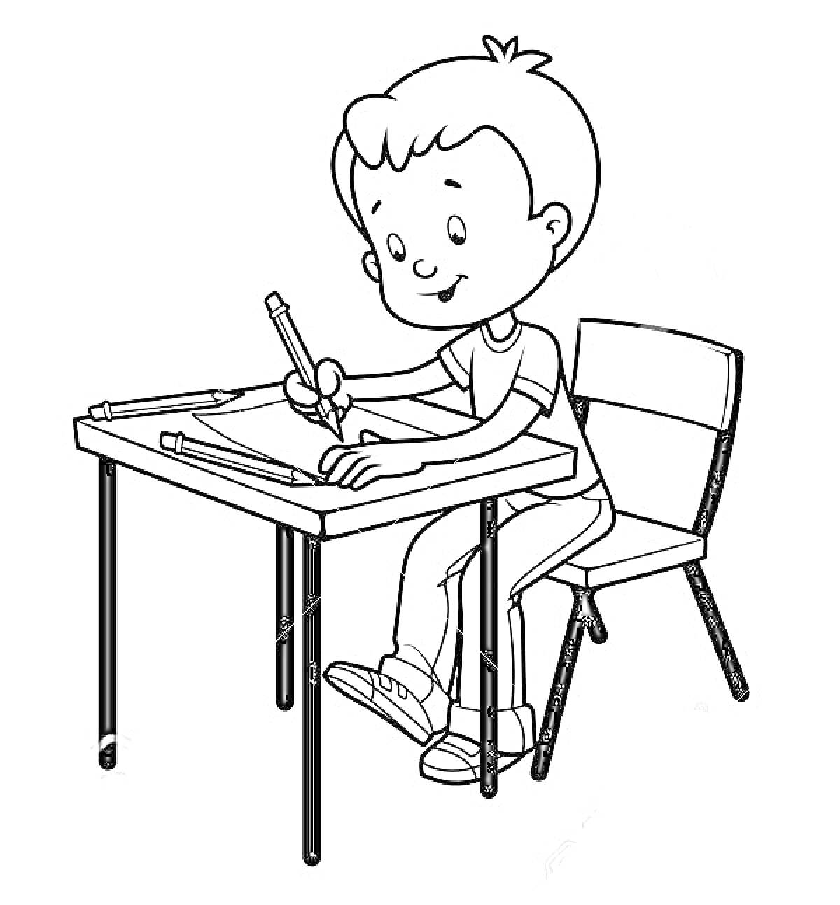 Раскраска Мальчик, сидящий за партой и пишущий карандашом, на столе линейка