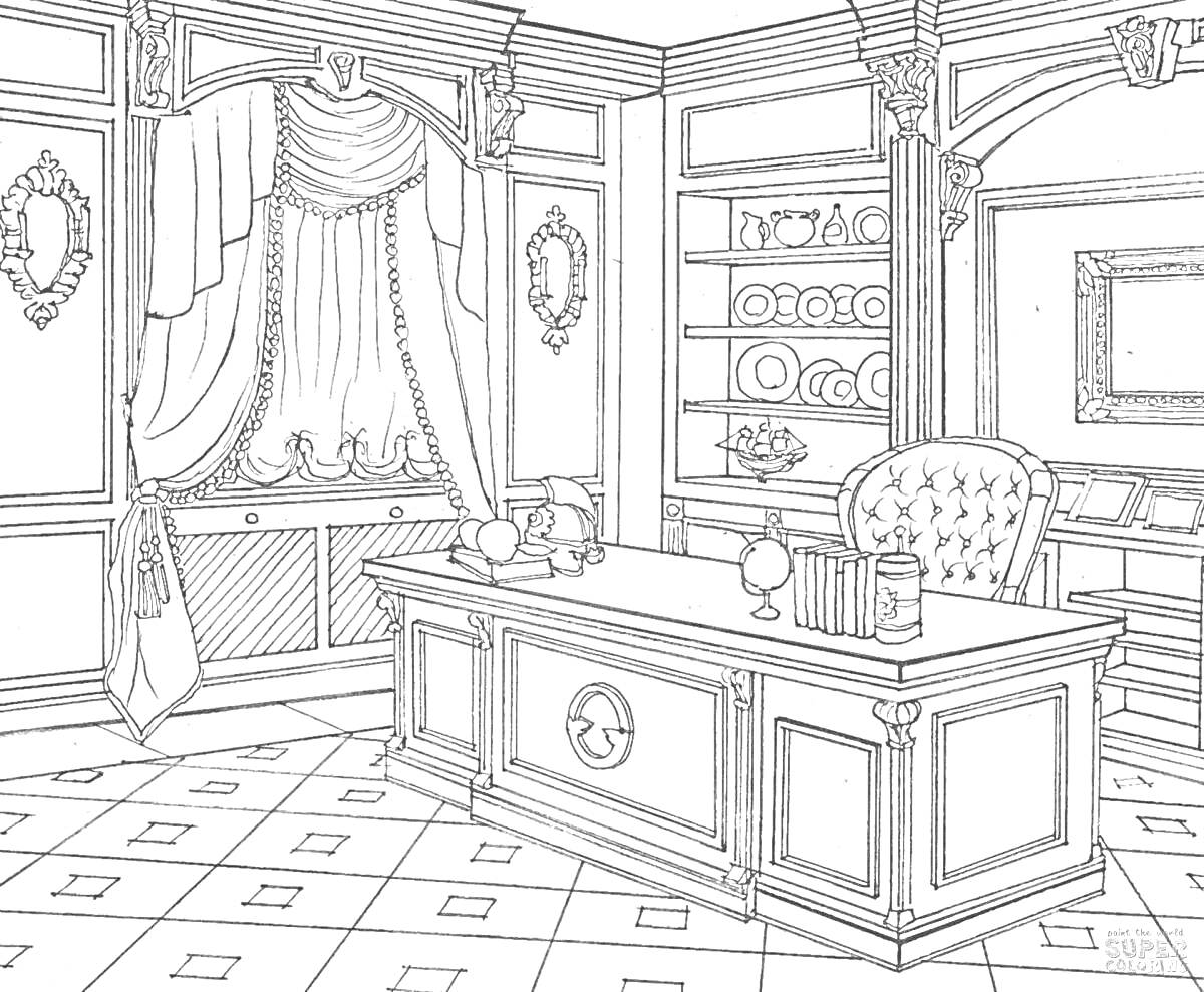 Раскраска Кабинет с письменным столом, стулом, полкой с посудой, окном с занавесками и картинами на стенах