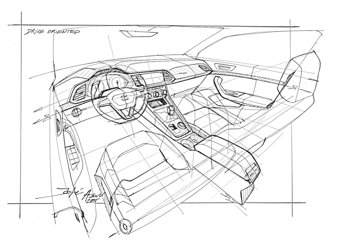 На раскраске изображено: Руль, Приборная панель, Центральная консоль, Передняя панель, Интерьер, Набросок, Автомобильный дизайн