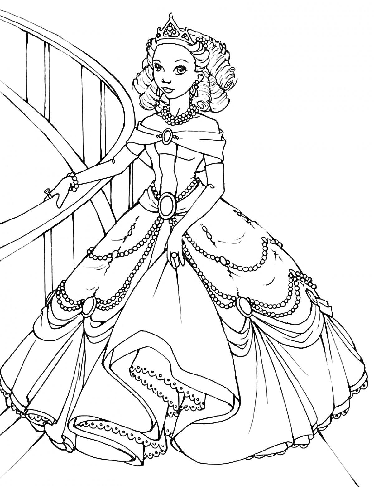 Раскраска Принцесса в роскошном платье на лестнице